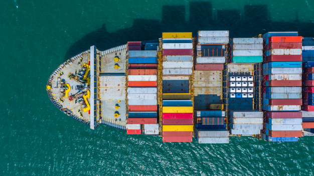 container ship arriving port container ship going deep sea port logistic business import export shipping transportation aerial view